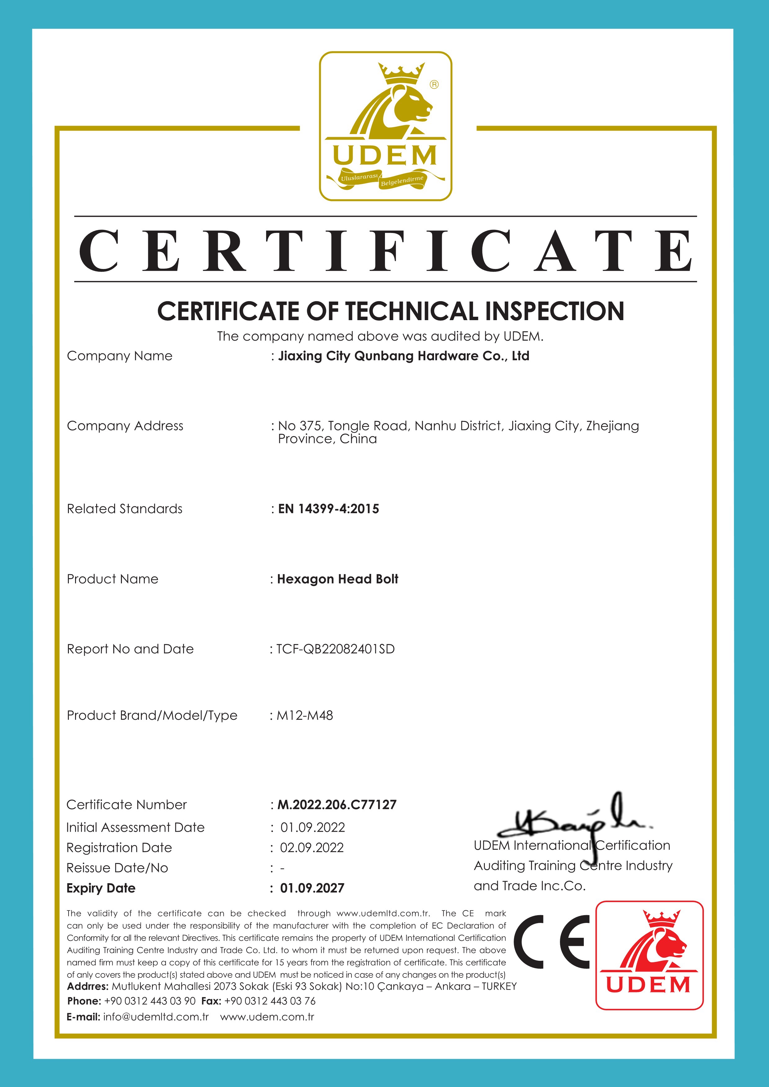 CERTIFICATO CE EN14399-4